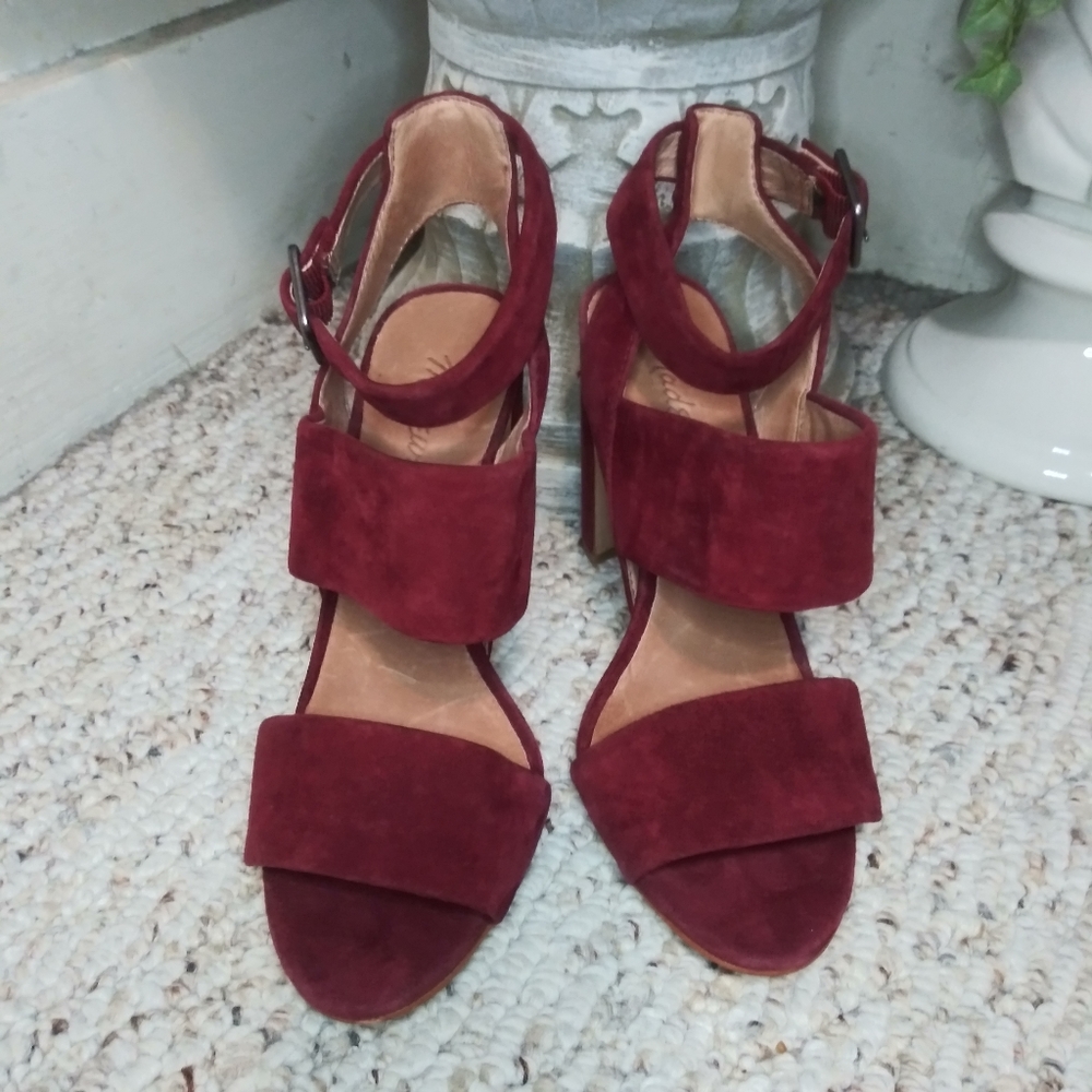 Madewell Octavia Dark Red Suede Strappy Block Heeled Ankle Strap Sandals - Picture 2 of 7